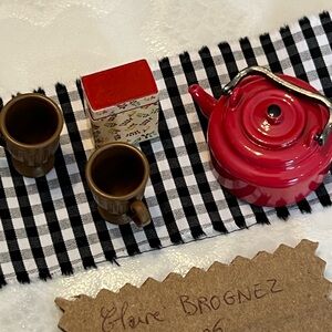 Miniature set - Metal Red Teapot and Brown Mug Set and tea box for DOLLHOUSE